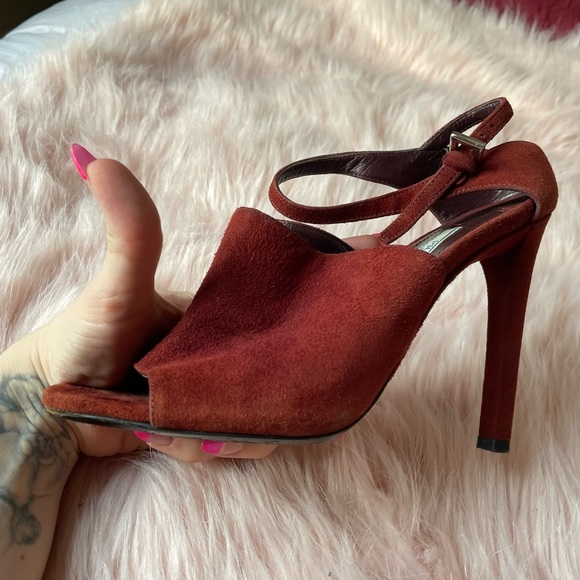Prada Calzature Donna Amaranto Suede Sandals Open Toe Heels Size 8 - Picture 2 of 9